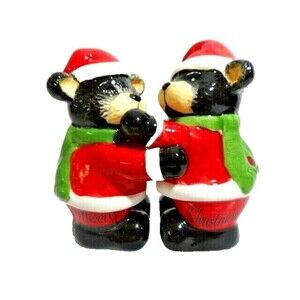 Hugging Black Bears Salt Pepper Shakers Holiday Kitchen Ceramic Santa Hat Gift